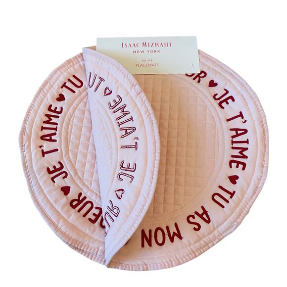 Isaac Mizrahi Valentine Quilted Placemats 15in Je T'aime Pink & Red Set of 4 New - Picture 2 of 14